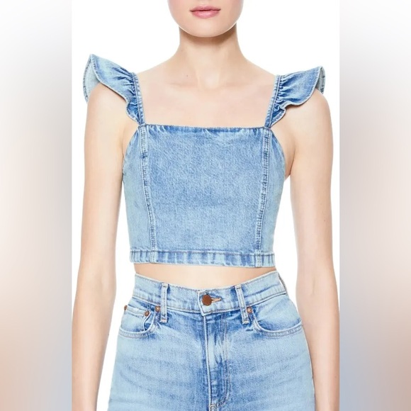 Alice + Olivia Kiley Denim Flutter Sleeve Crop Top - Picture 2 of 5